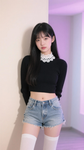 甜酷少女风：黑衣白袜酷感写真
